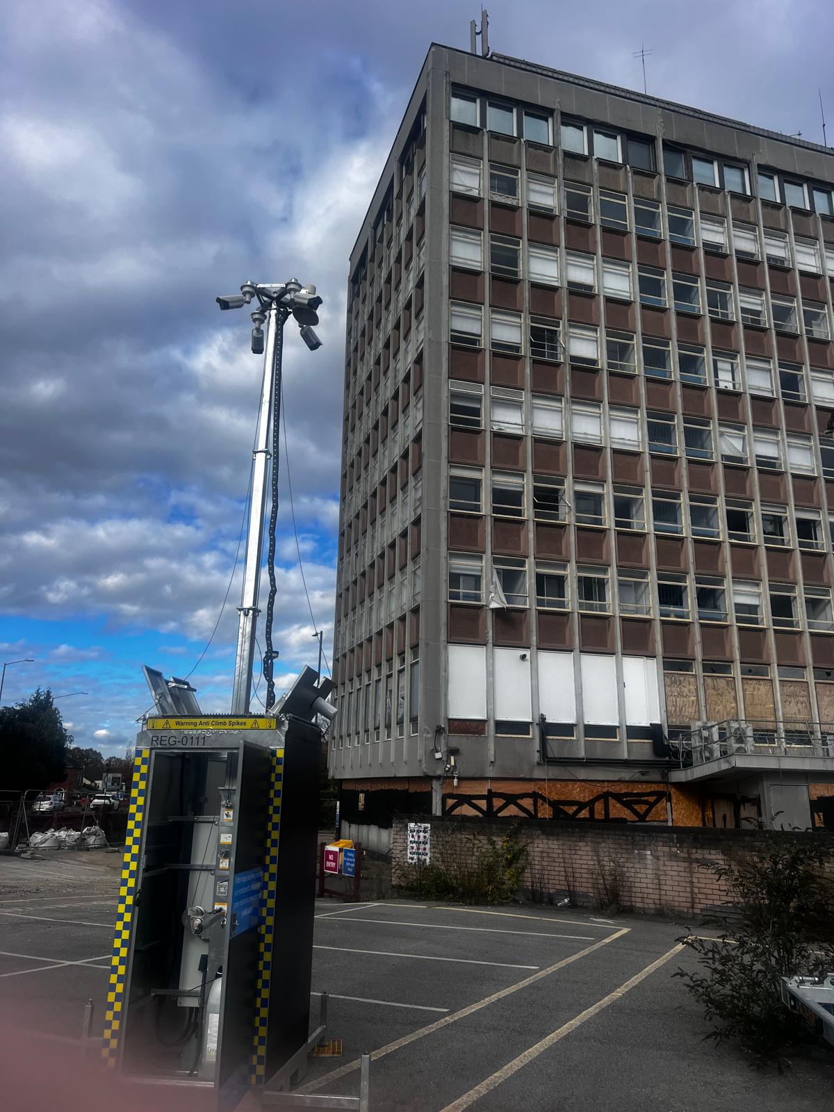 CCTV tower deployed at vacant commercial building — West Midlands